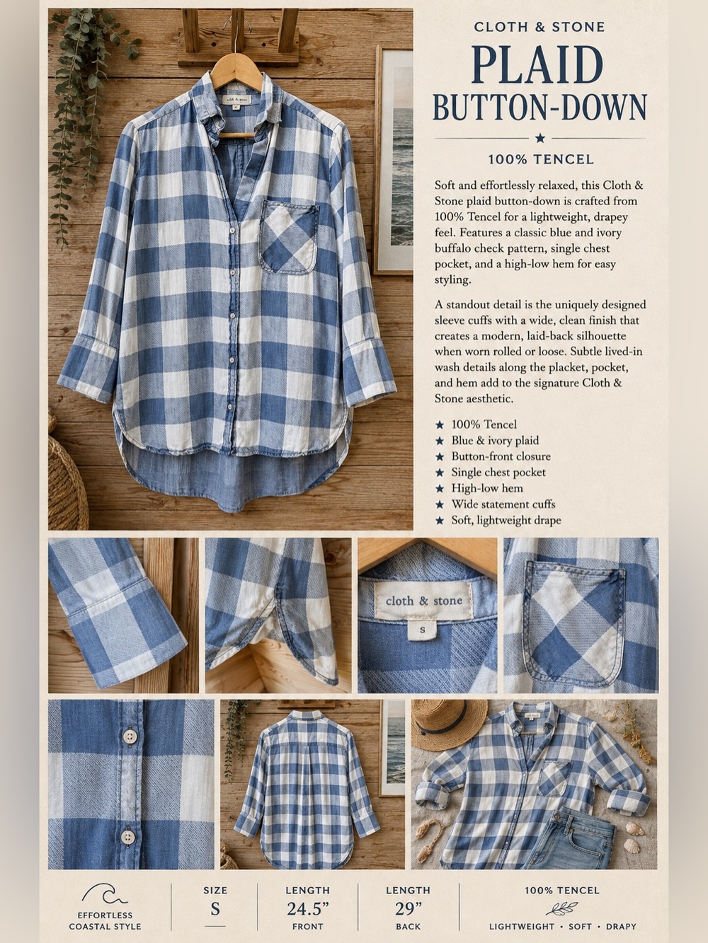 Cloth & Stone 100% Tencel Plaid Button-Down Shirt – Size Small